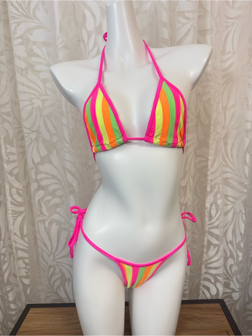 Neon Stripe Triangle Bikini Set - Hot Pink,Multi Color